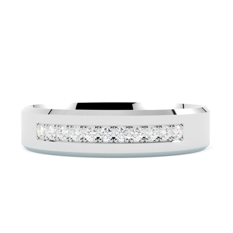 Obrączka ślubna z diamentami, białe złoto 585, profil płaski fazowany, szerokość 4,50 mm, polerowana